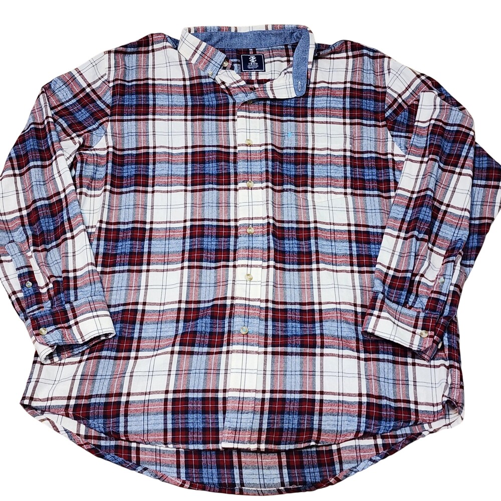 IZOD Flannel Shirt Mens XL Red Blue Plaid Button Front Long Sleeve Casual